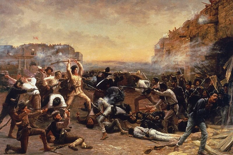 Robert Jenkins Onderdonk’s painting The Fall of the Alamo, about 1903, showing Davy Crockett swinging his rifle as Mexican soldiers storm the mission