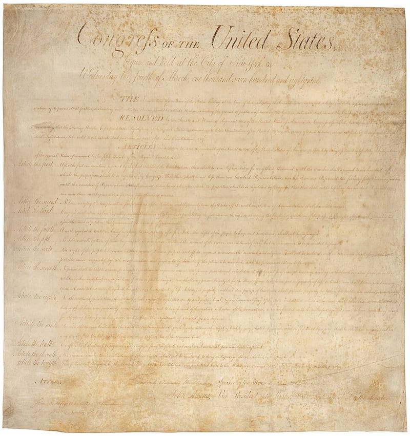 The engrossed Bill of Rights as sent to the states in 1789
