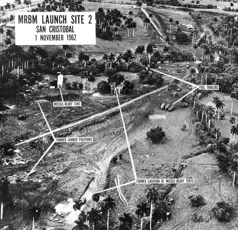 U.S. aerial reconnaissance photograph of a Soviet medium-range ballistic missile launch site at San Cristobal, Cuba, November 1, 1962