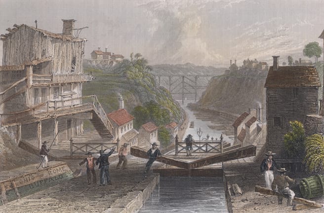 1839 engraving of the Erie Canal at Lockport, New York, after a picture by W. H. Bartlett