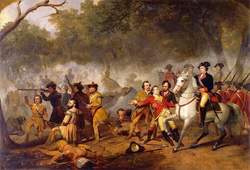 Illustration of George Washington on horseback at the Battle of the Monongahela