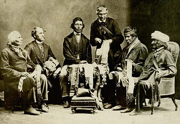 Six Nations chiefs at Brantford explaining their wampum belts in 1871