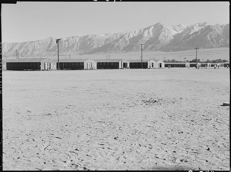 Rows of barracks at the Manzanar War Relocation Center