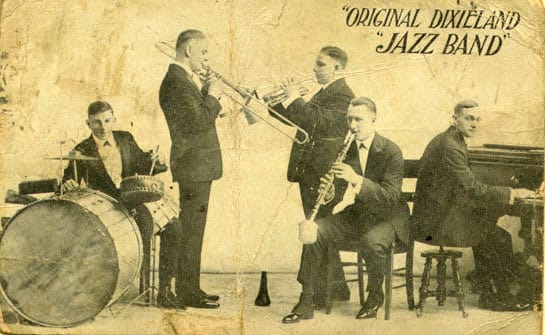 Promotional card of the Original Dixieland Jazz Band, which made the first commercial jazz recording in 1917