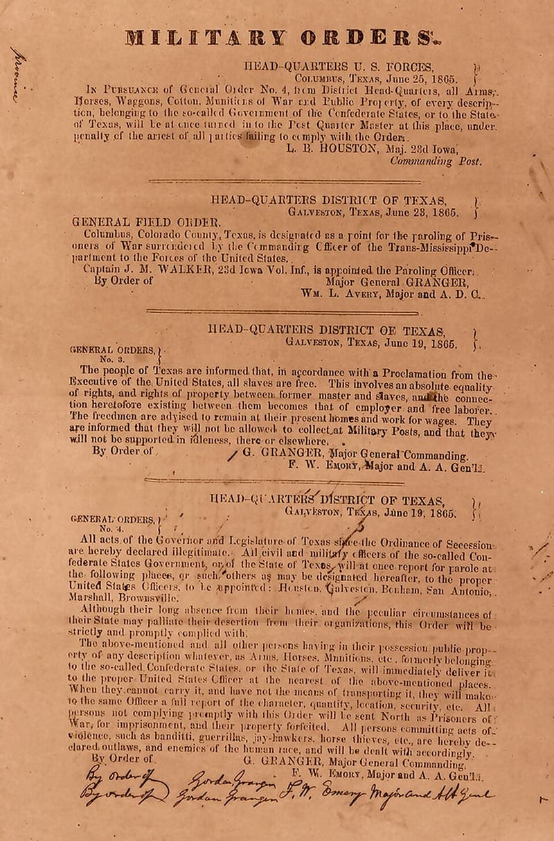 The handwritten text of General Order No. 3, issued at Galveston, Texas, on June 19, 1865