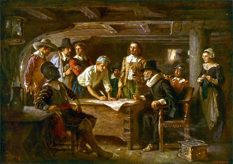 Painting of the Pilgrims signing the Mayflower Compact