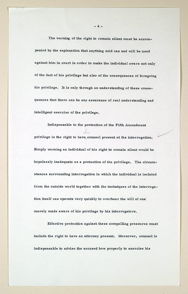 Document from Miranda v. Arizona signed by Chief Justice Earl Warren