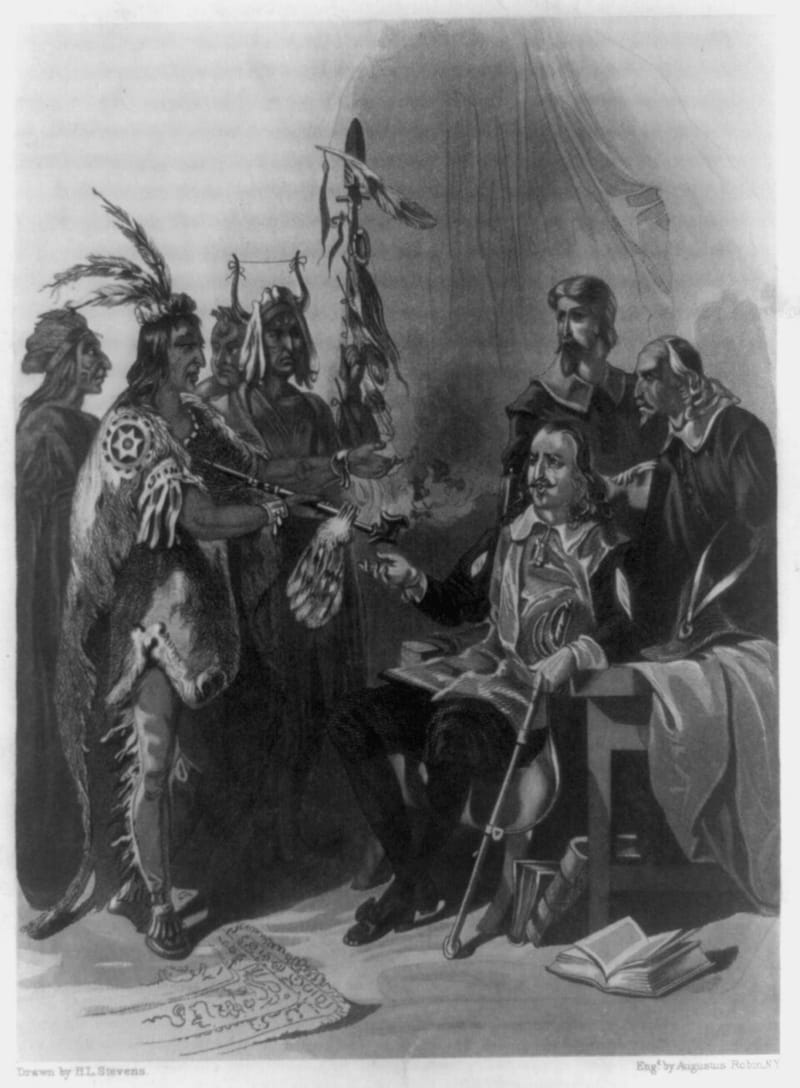 Engraving of Plymouth governor John Carver meeting the Wampanoag leader Massasoit