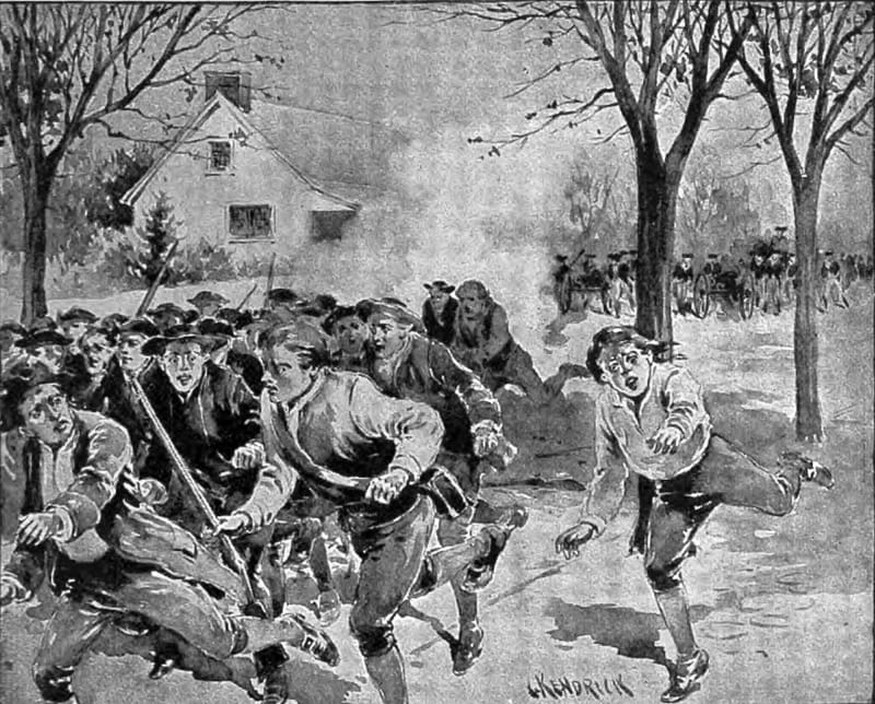 Illustration of Shays’s forces fleeing troops at Springfield