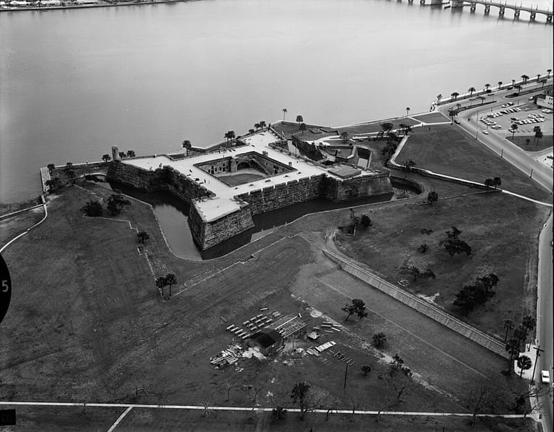 Aerial view of the Castillo de San Marcos and the town of St. Augustine, Florida, 1965