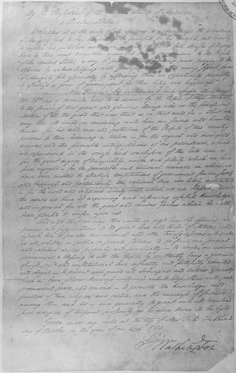 George Washington’s printed Thanksgiving Day proclamation of October 3, 1789
