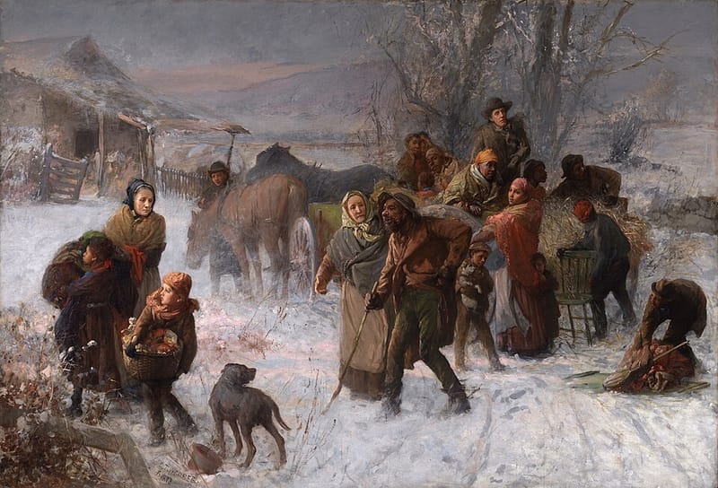 Charles T. Webber’s 1893 painting The Underground Railroad, showing freedom seekers arriving by wagon at a farmhouse in winter