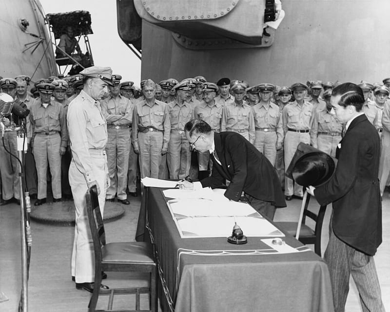 Japan’s foreign minister signing the instrument of surrender aboard USS Missouri